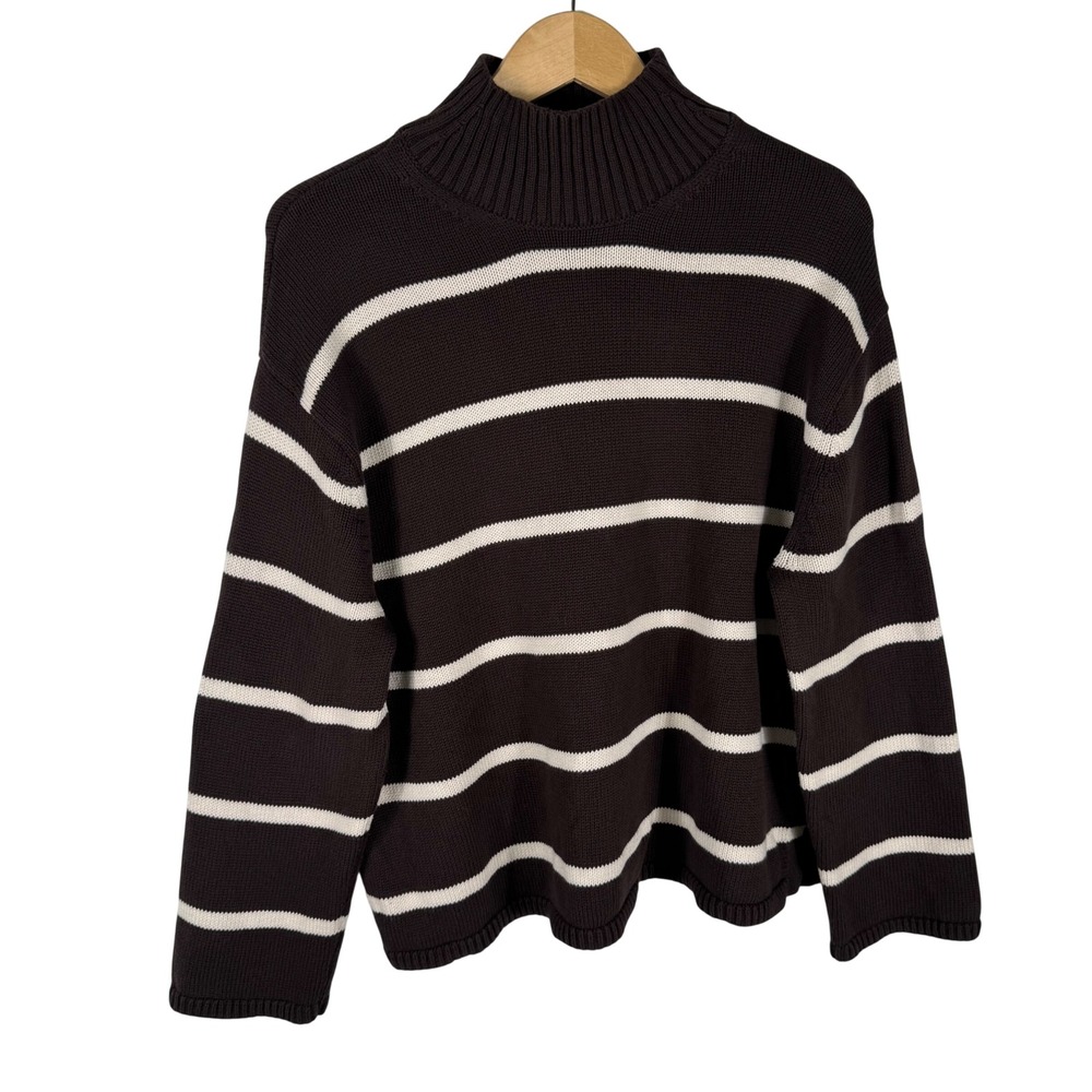 Gap Mock Neck Striped Sweater Womens M Brown White Cotton Knit Pullover